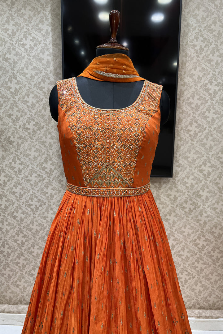 Orange Stone, Thread, Mirror, Sequins, Zardozi and Zari work Floor Length Anarkali Suit