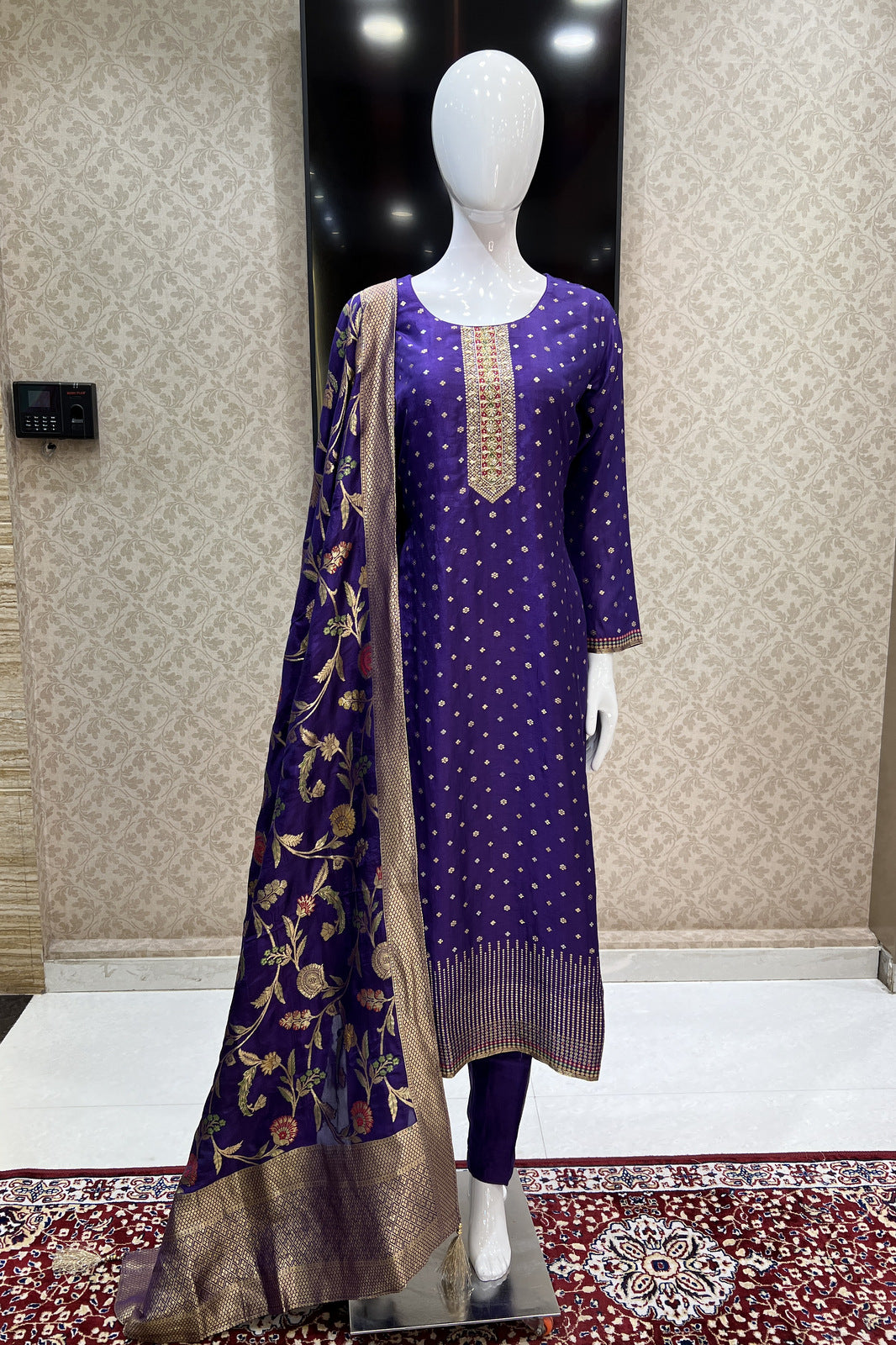 Purple Banaras, Beads, Zardozi and Sequins work Straight Cut Salwar Suit