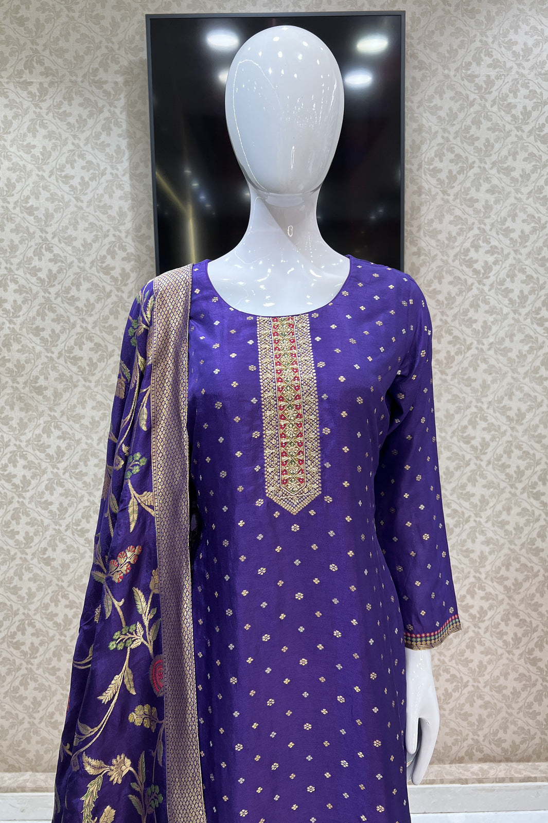 Purple Banaras, Beads, Zardozi and Sequins work Straight Cut Salwar Suit