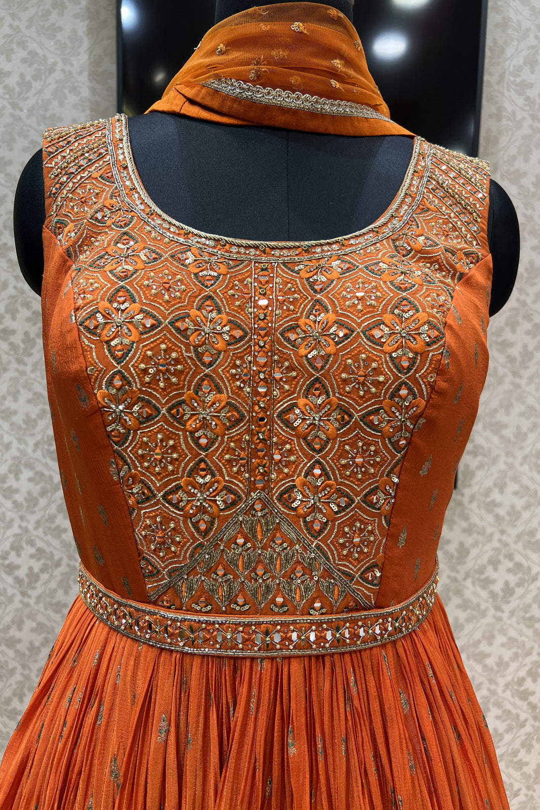 Orange Stone, Thread, Mirror, Sequins, Zardozi and Zari work Floor Length Anarkali Suit