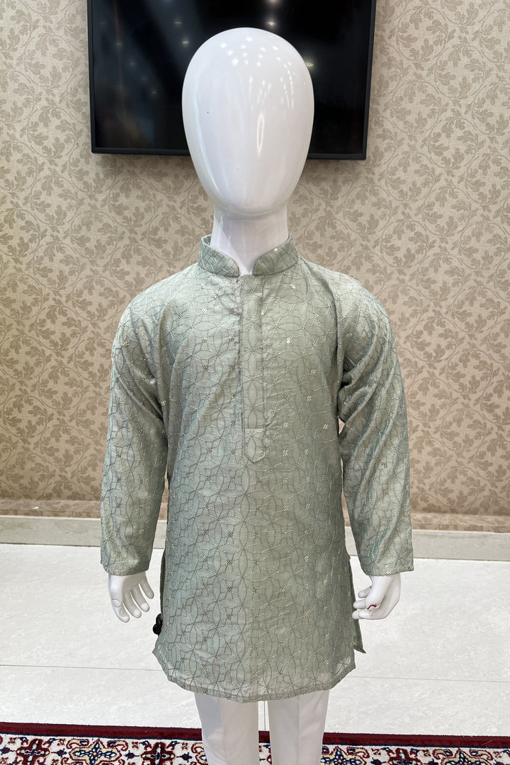 Pista Green with White Sequins and Thread work Kurta Set for Boys