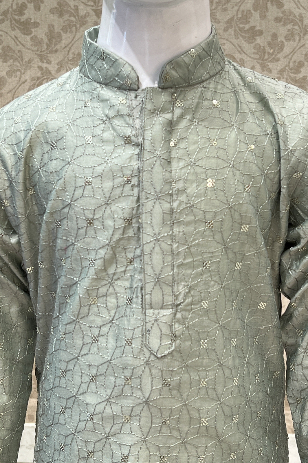 Pista Green with White Sequins and Thread work Kurta Set for Boys