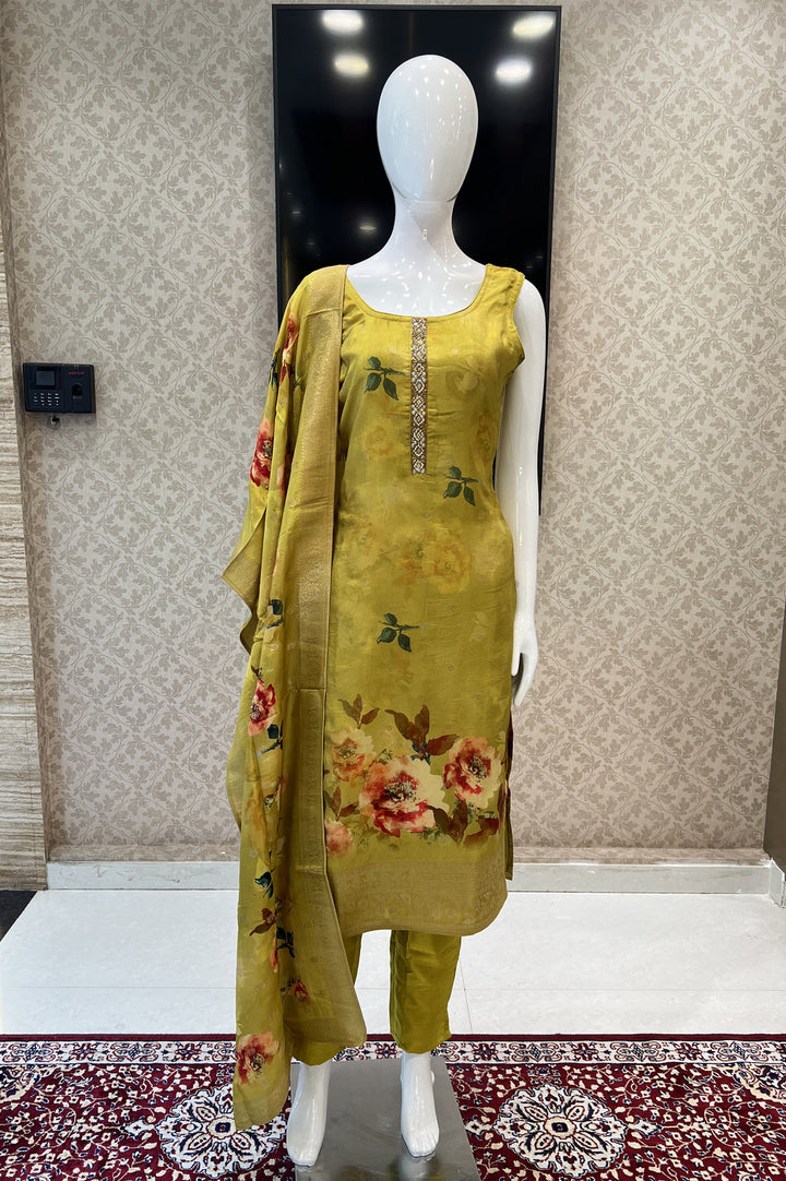 Olive Green Stone, Banaras and Beads work with Floral Print Straight Cut Salwar Suit