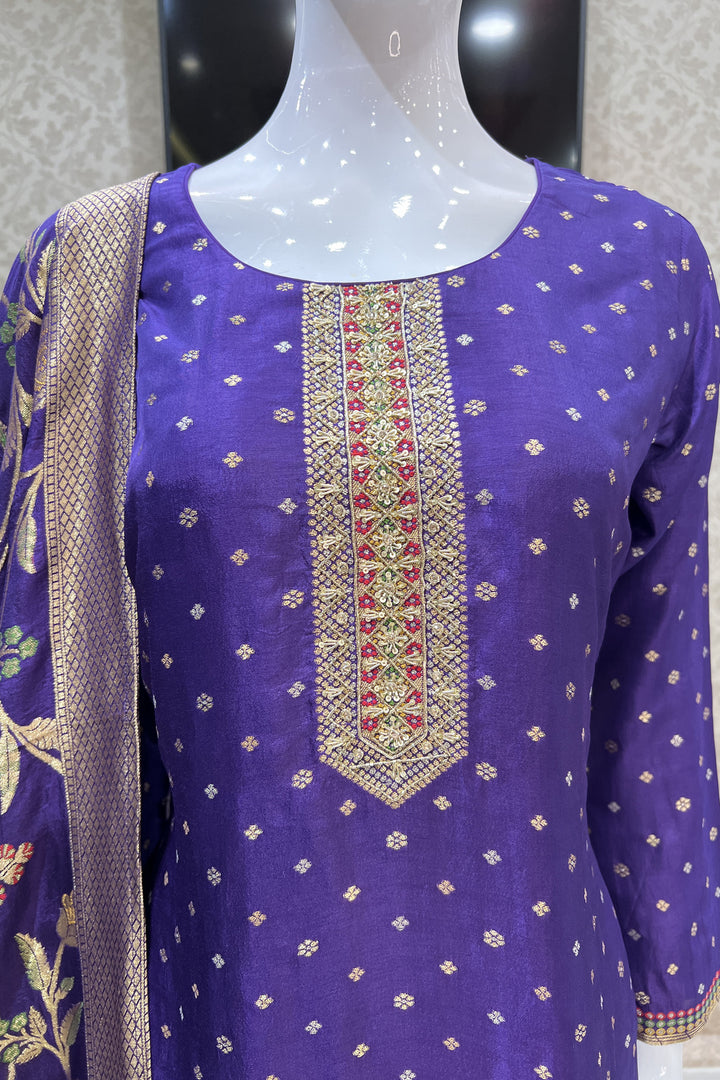 Purple Banaras, Beads, Zardozi and Sequins work Straight Cut Salwar Suit