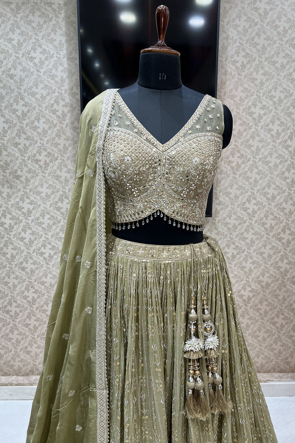 Olive Green Mirror, Zari, Sequins and Stone work Crop Top Lehenga