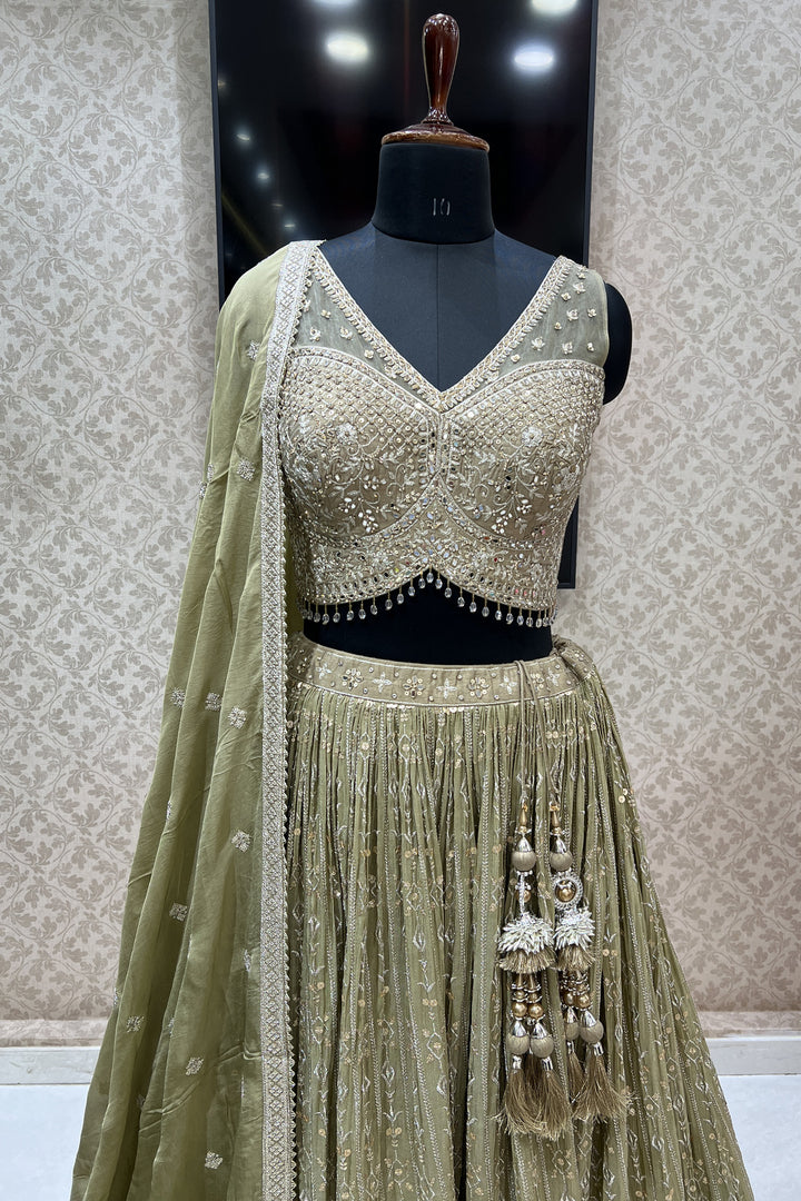 Olive Green Mirror, Zari, Sequins and Stone work Crop Top Lehenga