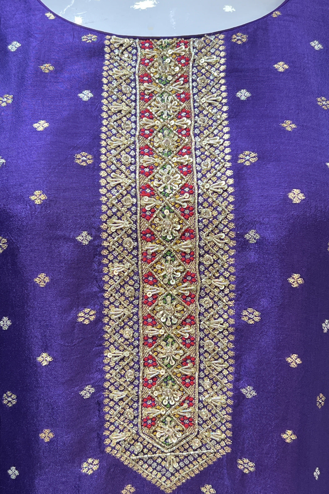 Purple Banaras, Beads, Zardozi and Sequins work Straight Cut Salwar Suit