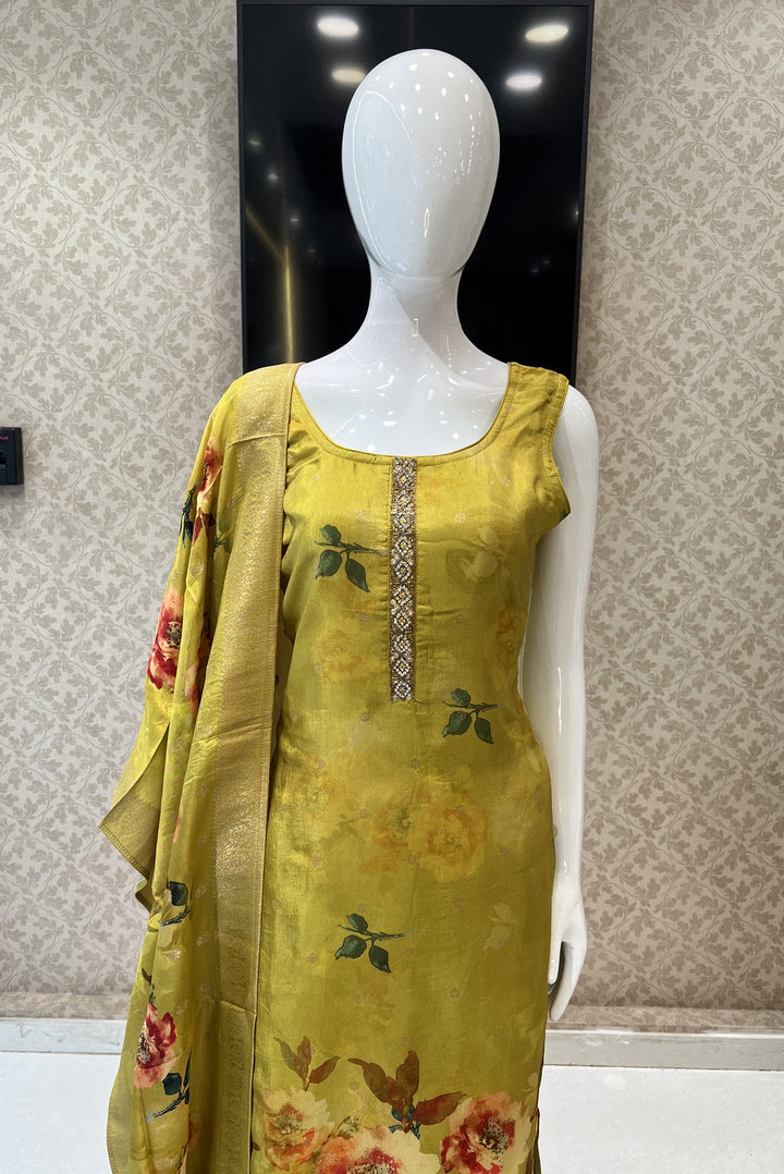 Olive Green Stone, Banaras and Beads work with Floral Print Straight Cut Salwar Suit