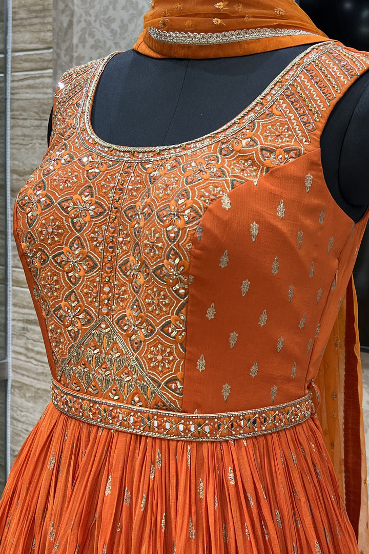 Orange Stone, Thread, Mirror, Sequins, Zardozi and Zari work Floor Length Anarkali Suit