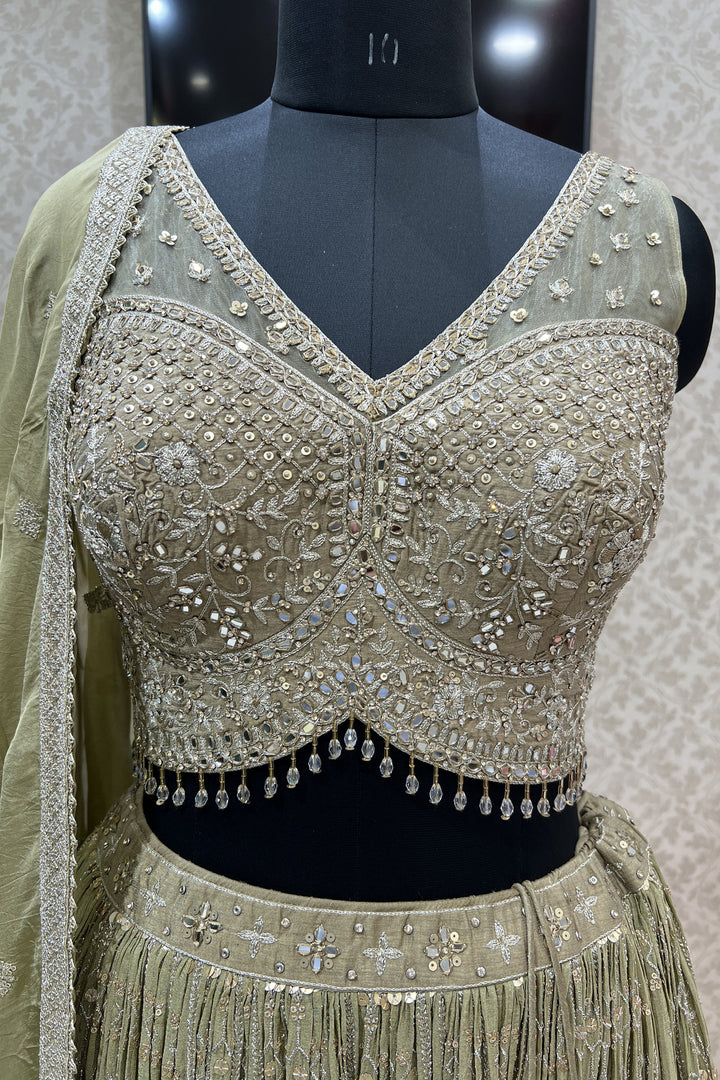 Olive Green Mirror, Zari, Sequins and Stone work Crop Top Lehenga