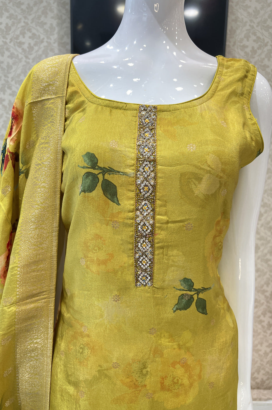 Olive Green Stone, Banaras and Beads work with Floral Print Straight Cut Salwar Suit