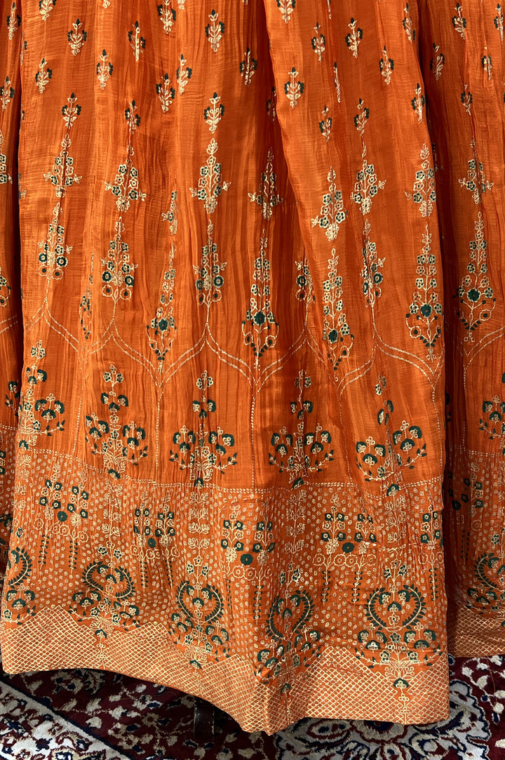 Orange Stone, Thread, Mirror, Sequins, Zardozi and Zari work Floor Length Anarkali Suit