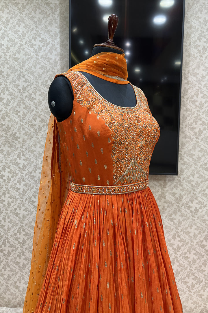 Orange Stone, Thread, Mirror, Sequins, Zardozi and Zari work Floor Length Anarkali Suit