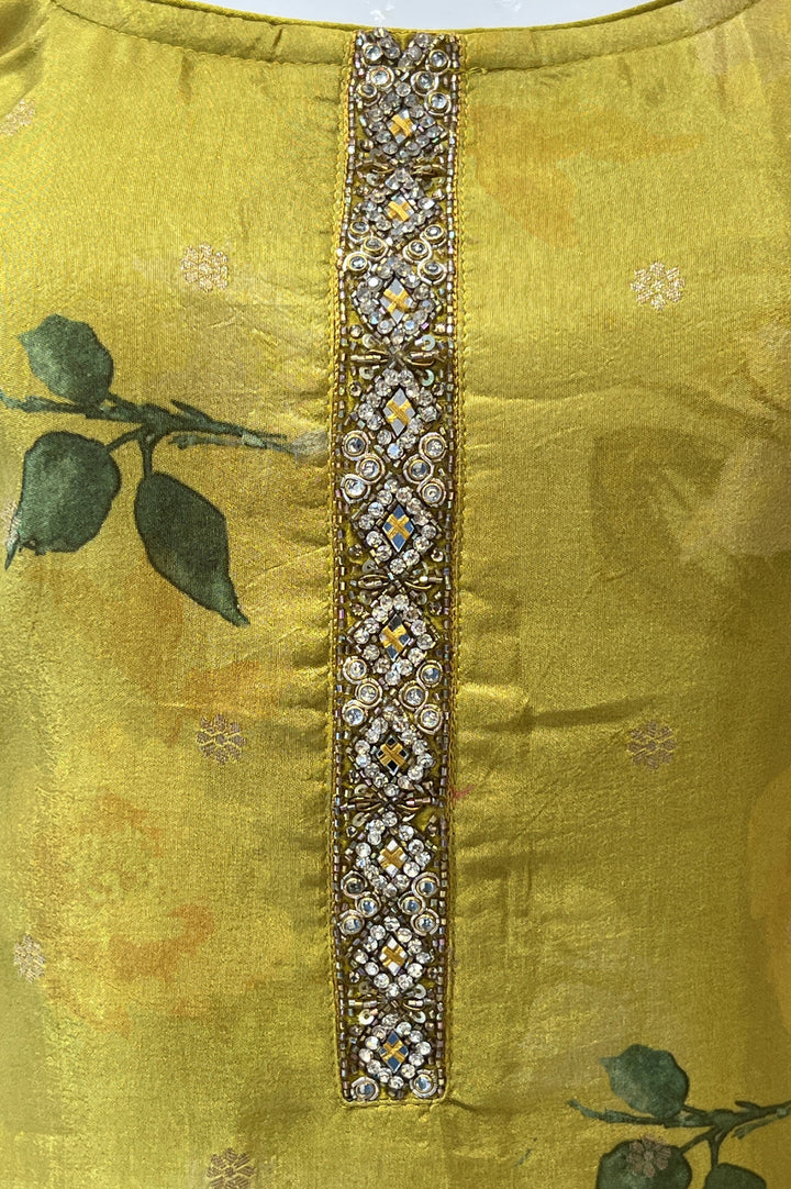 Olive Green Stone, Banaras and Beads work with Floral Print Straight Cut Salwar Suit