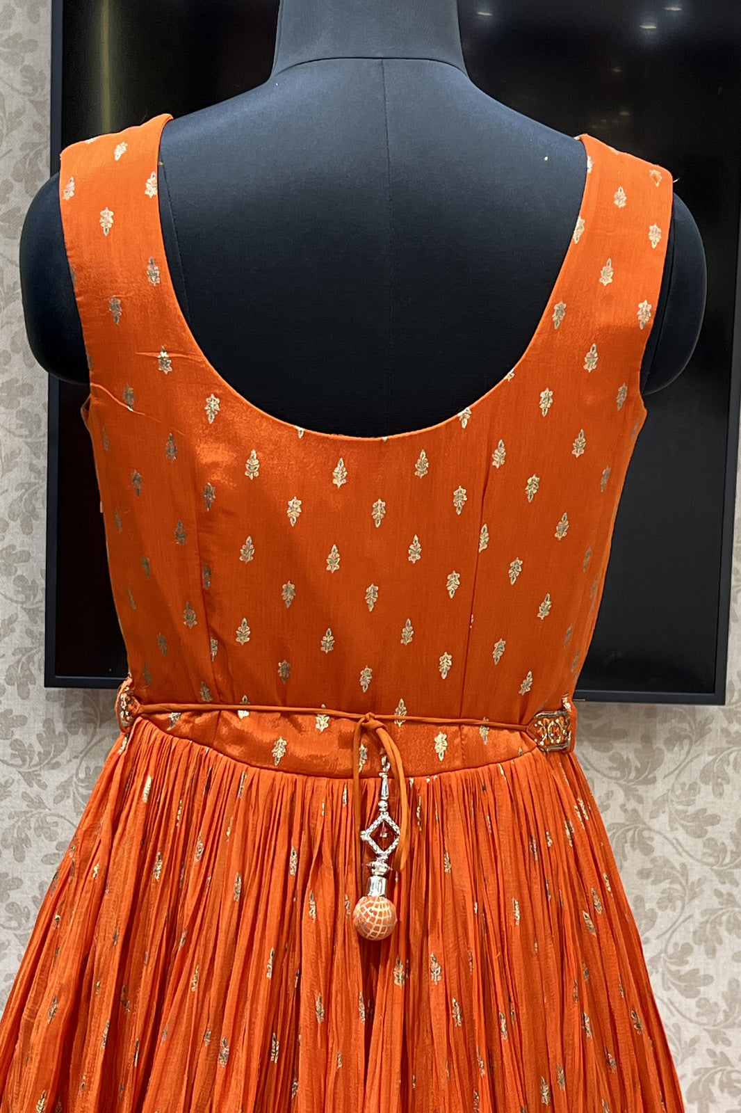 Orange Stone, Thread, Mirror, Sequins, Zardozi and Zari work Floor Length Anarkali Suit