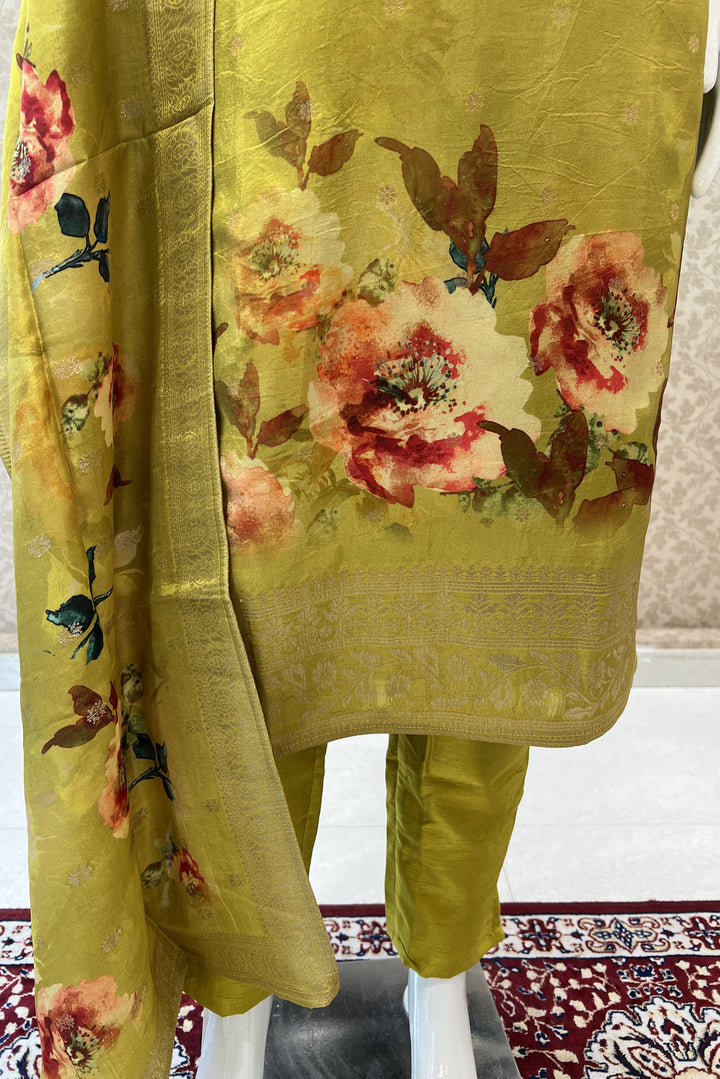 Olive Green Stone, Banaras and Beads work with Floral Print Straight Cut Salwar Suit