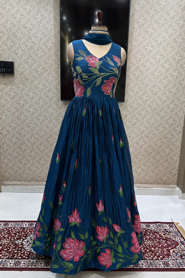 Peacock Blue Beads and Sequins work with Digital Print Floor Length Anarkali Suit