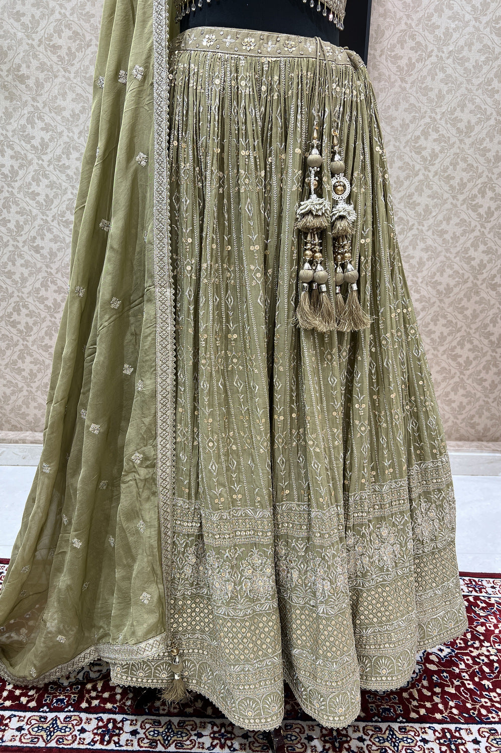 Olive Green Mirror, Zari, Sequins and Stone work Crop Top Lehenga