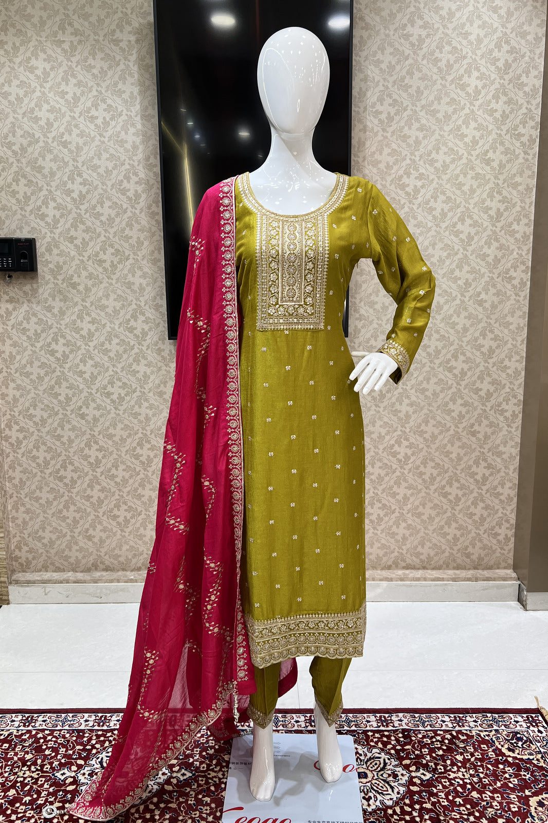 Olive Green Zari and Sequins work Straight Cut Salwar Suit