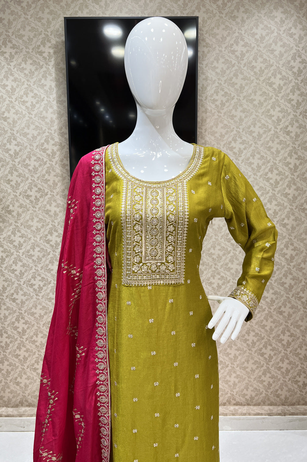 Olive Green Zari and Sequins work Straight Cut Salwar Suit