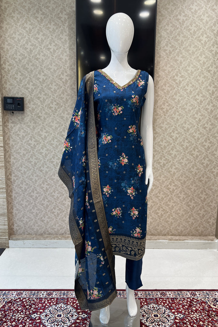 Peacock Blue Banaras, Mirror and Thread work with Digital Print Straight Cut Salwar Suit