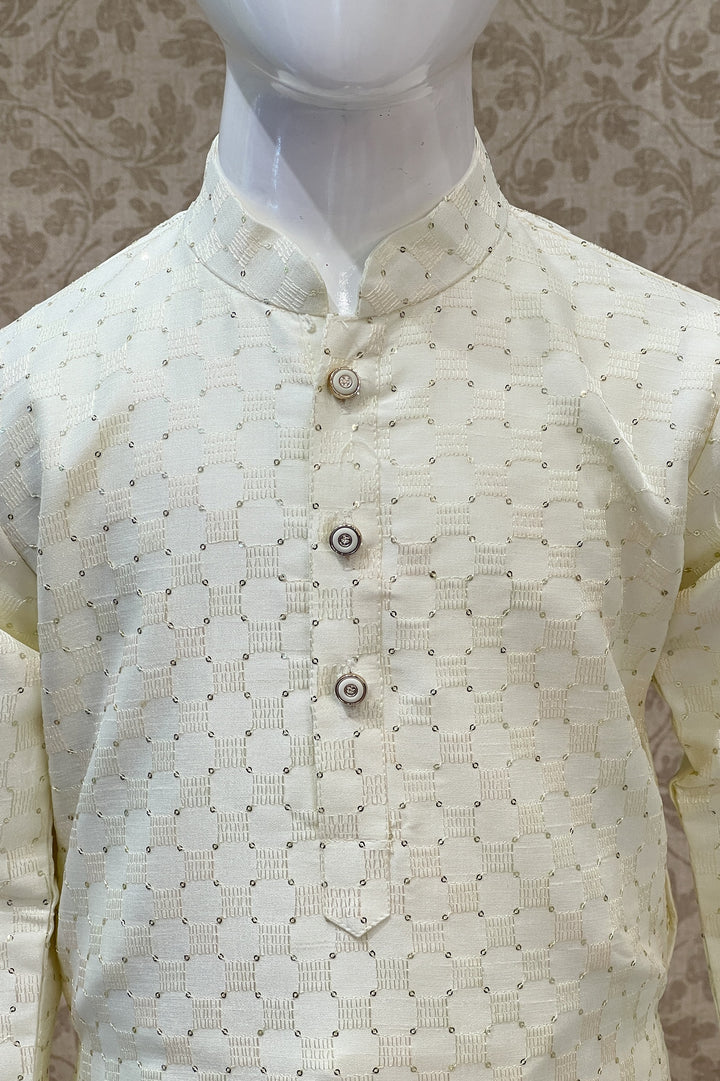 Cream Sequins and Thread work Kurta Set for Boys