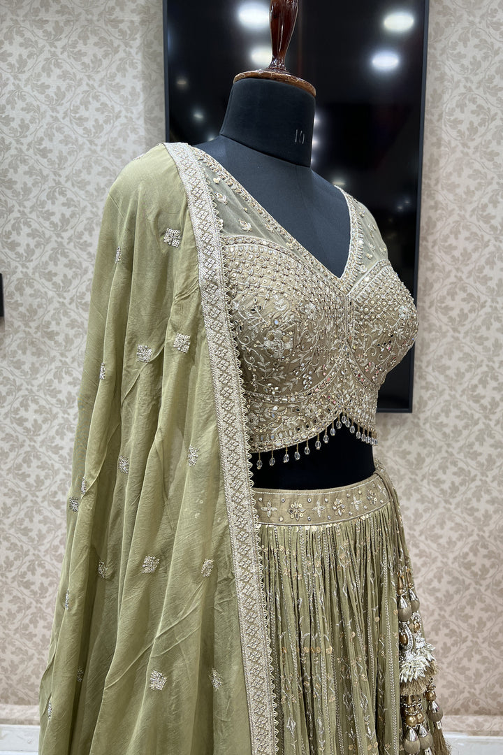 Olive Green Mirror, Zari, Sequins and Stone work Crop Top Lehenga