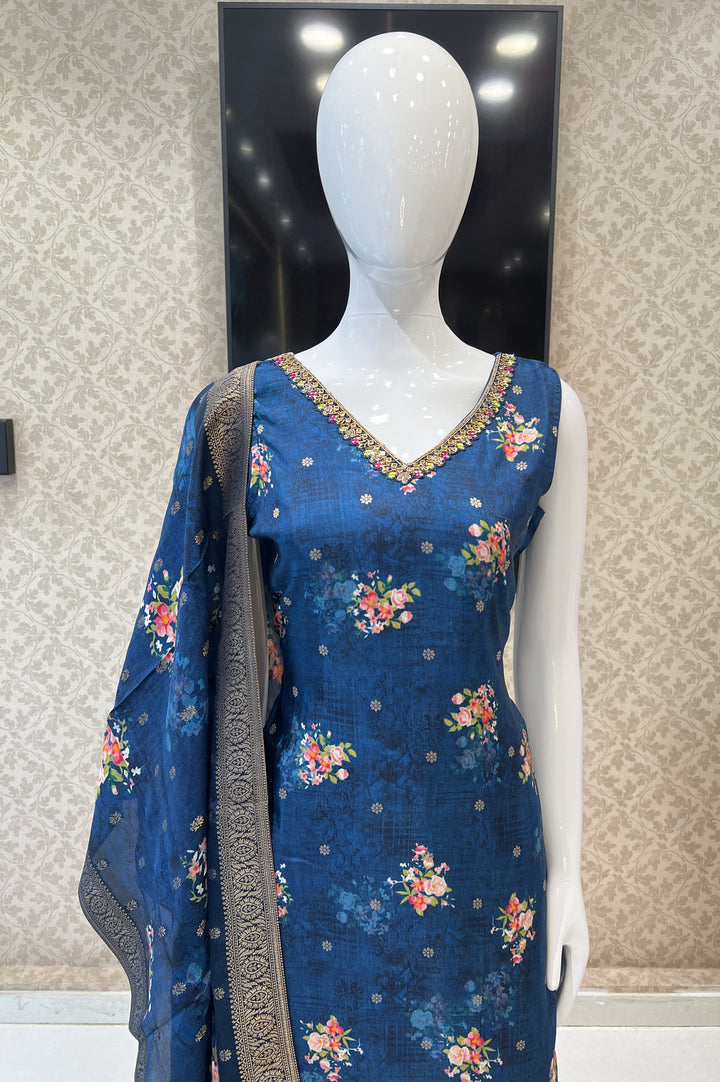 Peacock Blue Banaras, Mirror and Thread work with Digital Print Straight Cut Salwar Suit