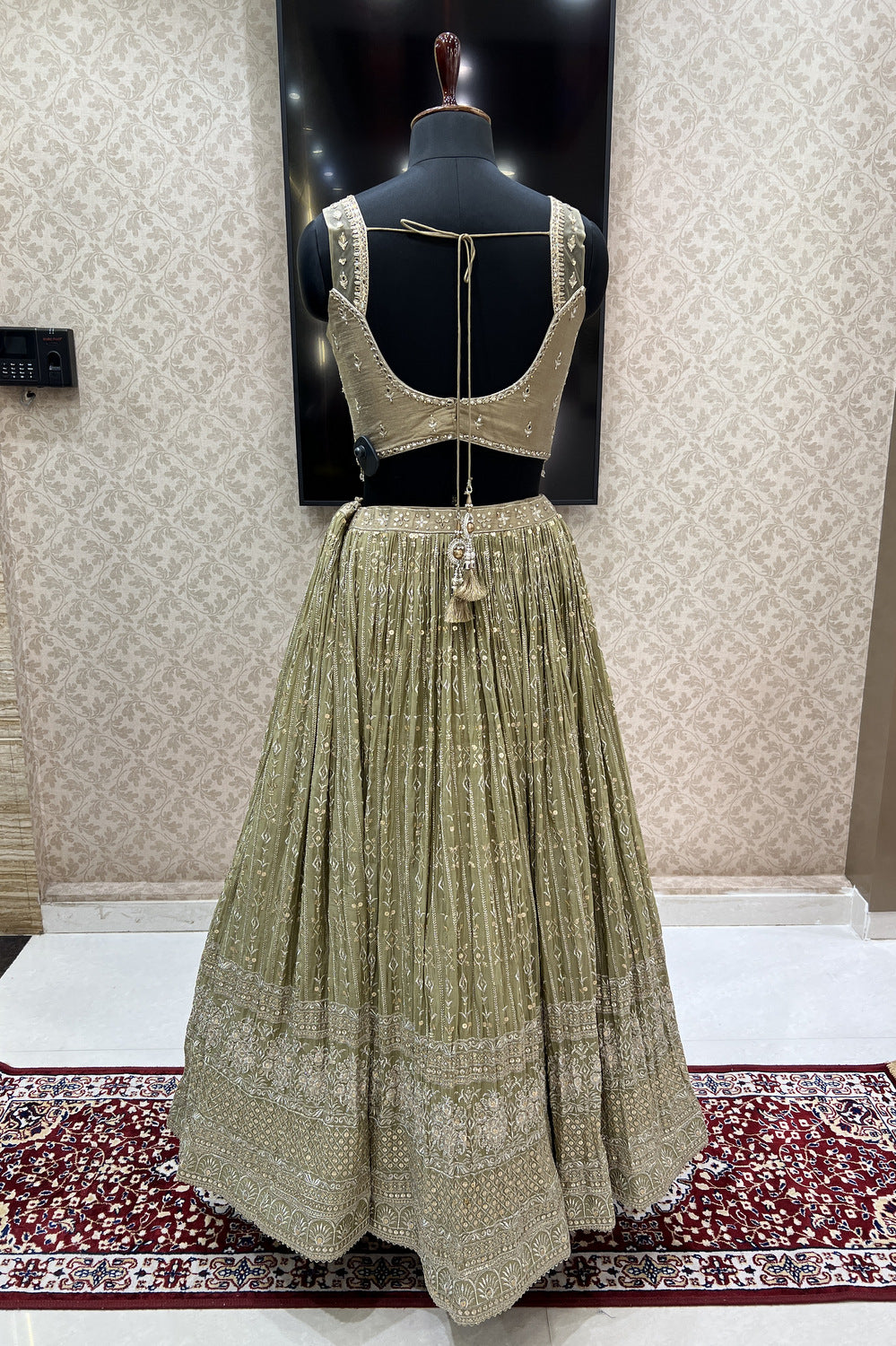 Olive Green Mirror, Zari, Sequins and Stone work Crop Top Lehenga