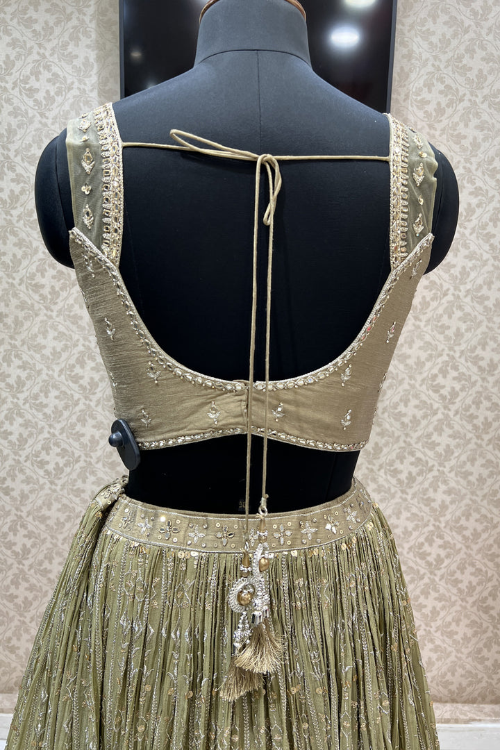 Olive Green Mirror, Zari, Sequins and Stone work Crop Top Lehenga