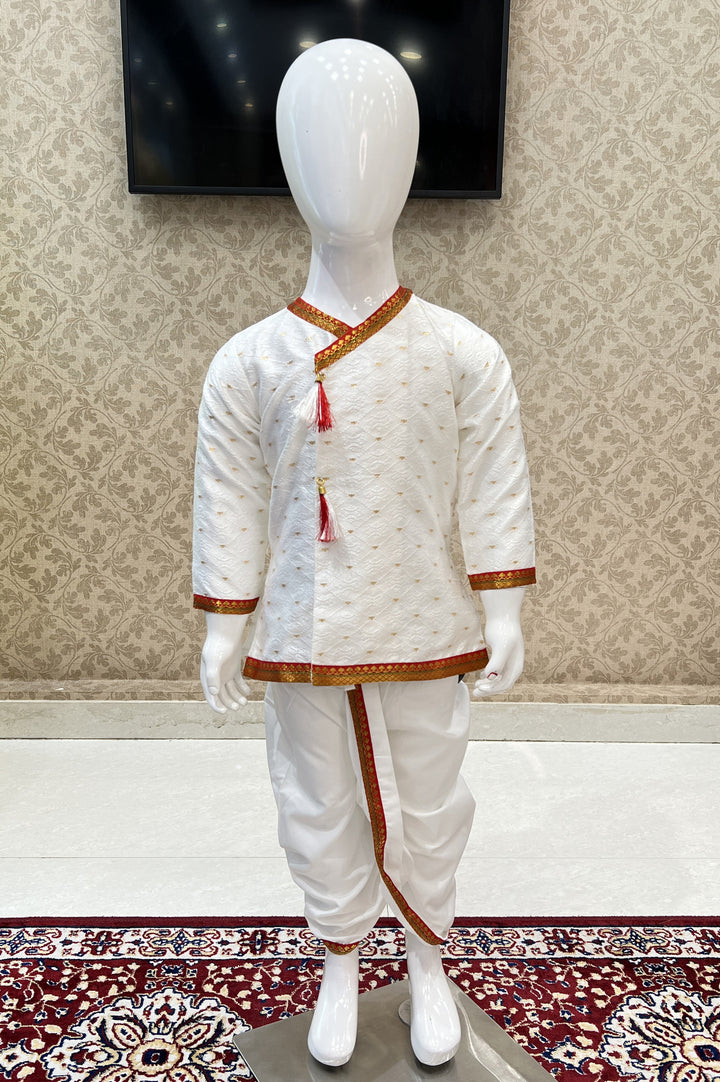 White Thread work Kurta with Dhoti Set for Boys