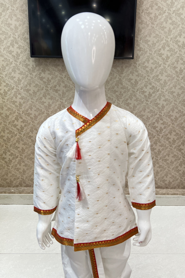 White Thread work Kurta with Dhoti Set for Boys