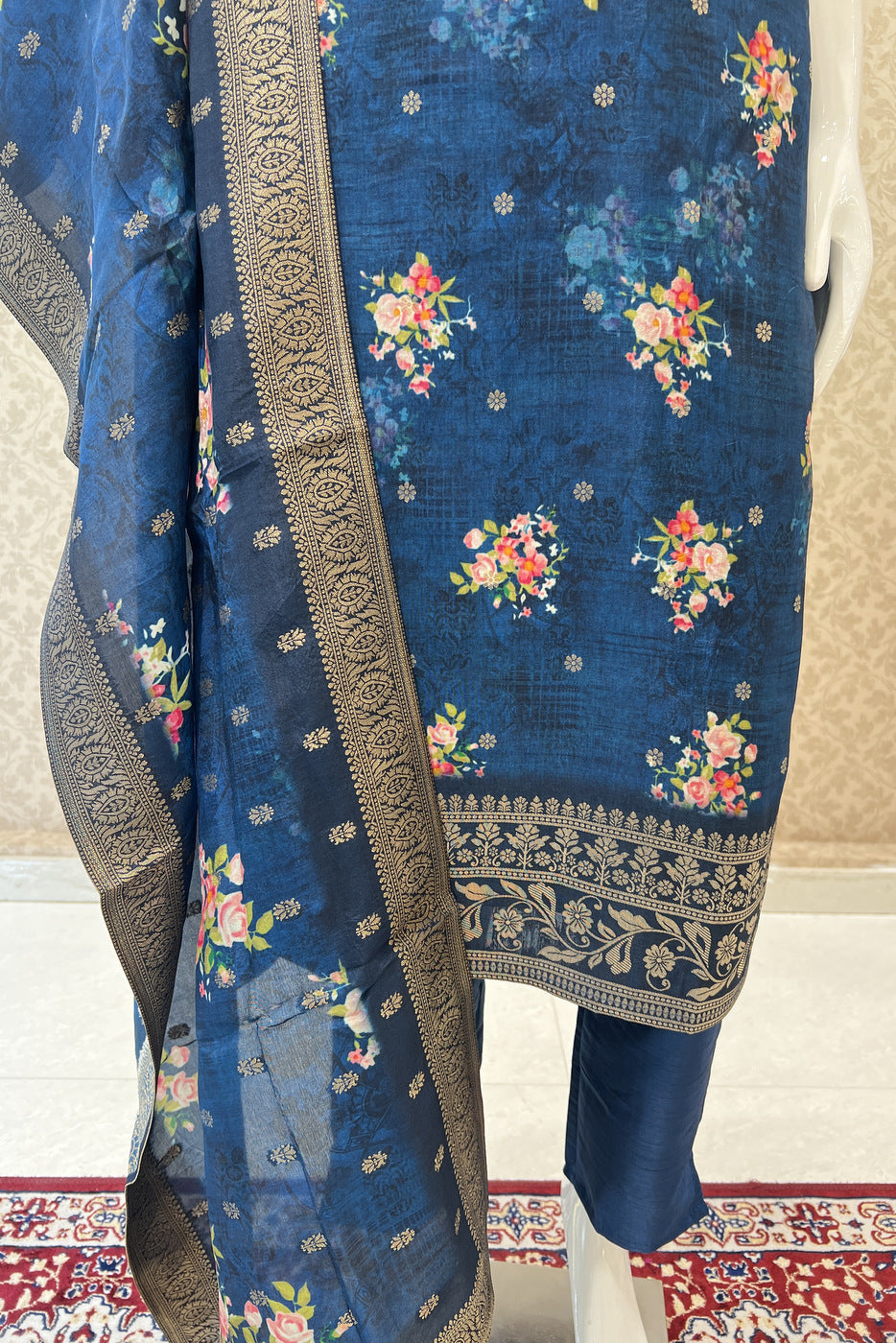 Peacock Blue Banaras, Mirror and Thread work with Digital Print Straight Cut Salwar Suit