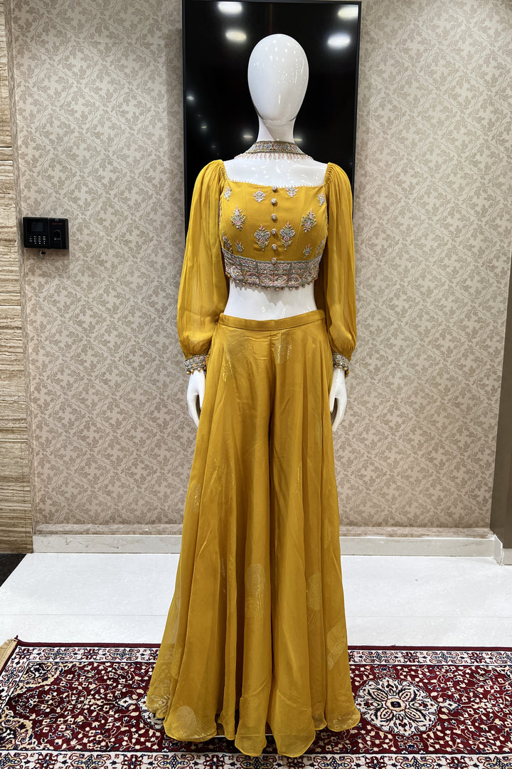 Mustard Multicolor Embroidery, Beads and Sequins work Crop Top with Palazzo Suit Set