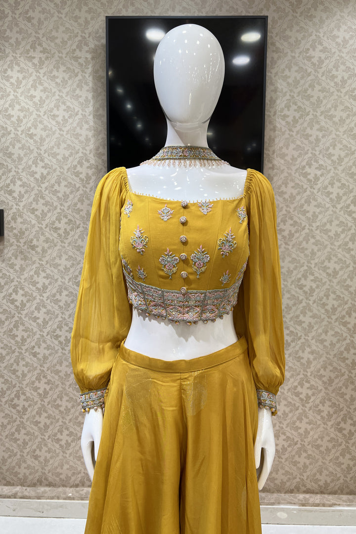 Mustard Multicolor Embroidery, Beads and Sequins work Crop Top with Palazzo Suit Set