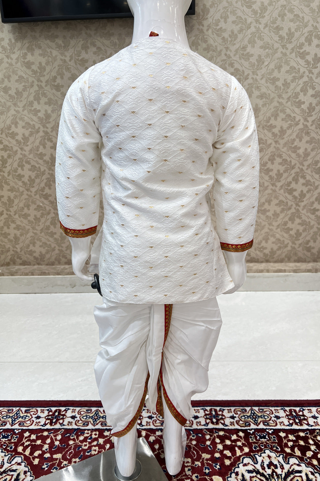 White Thread work Kurta with Dhoti Set for Boys