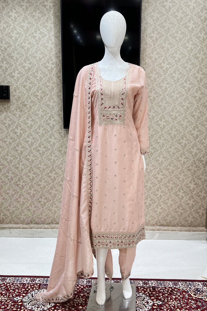 Peach Sequins, Zari and Multicolor Thread work Straight Cut Salwar Suit