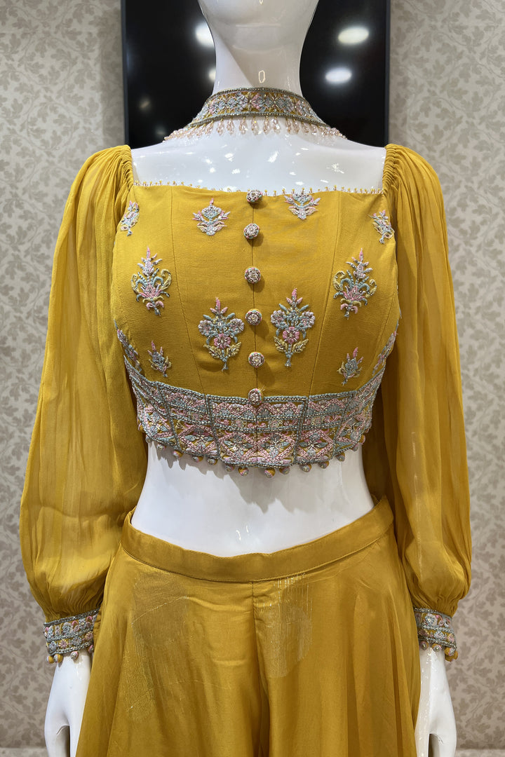 Mustard Multicolor Embroidery, Beads and Sequins work Crop Top with Palazzo Suit Set