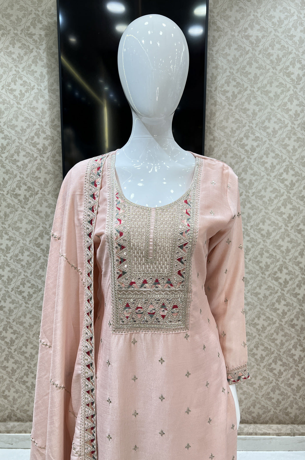 Peach Sequins, Zari and Multicolor Thread work Straight Cut Salwar Suit