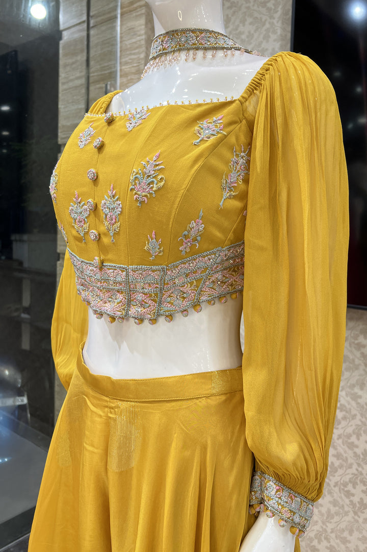 Mustard Multicolor Embroidery, Beads and Sequins work Crop Top with Palazzo Suit Set