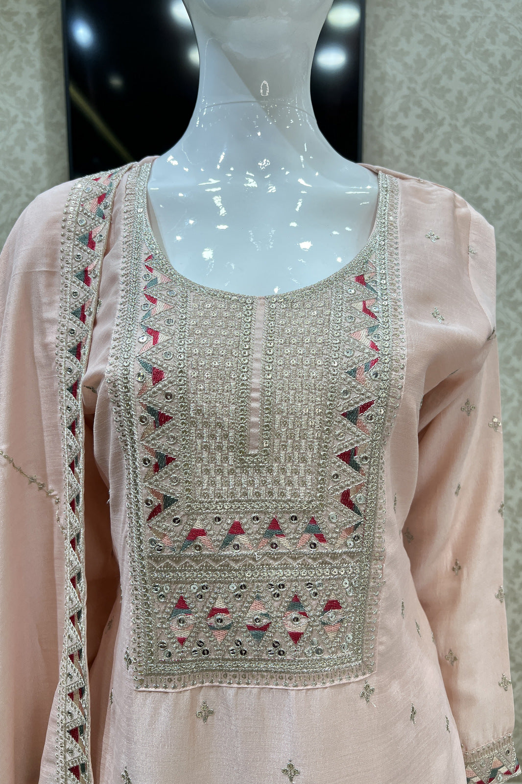 Peach Sequins, Zari and Multicolor Thread work Straight Cut Salwar Suit