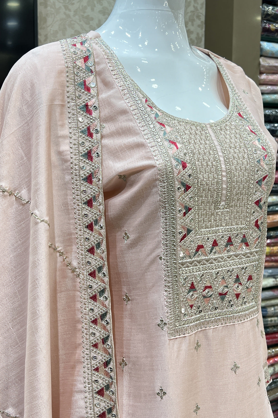 Peach Sequins, Zari and Multicolor Thread work Straight Cut Salwar Suit