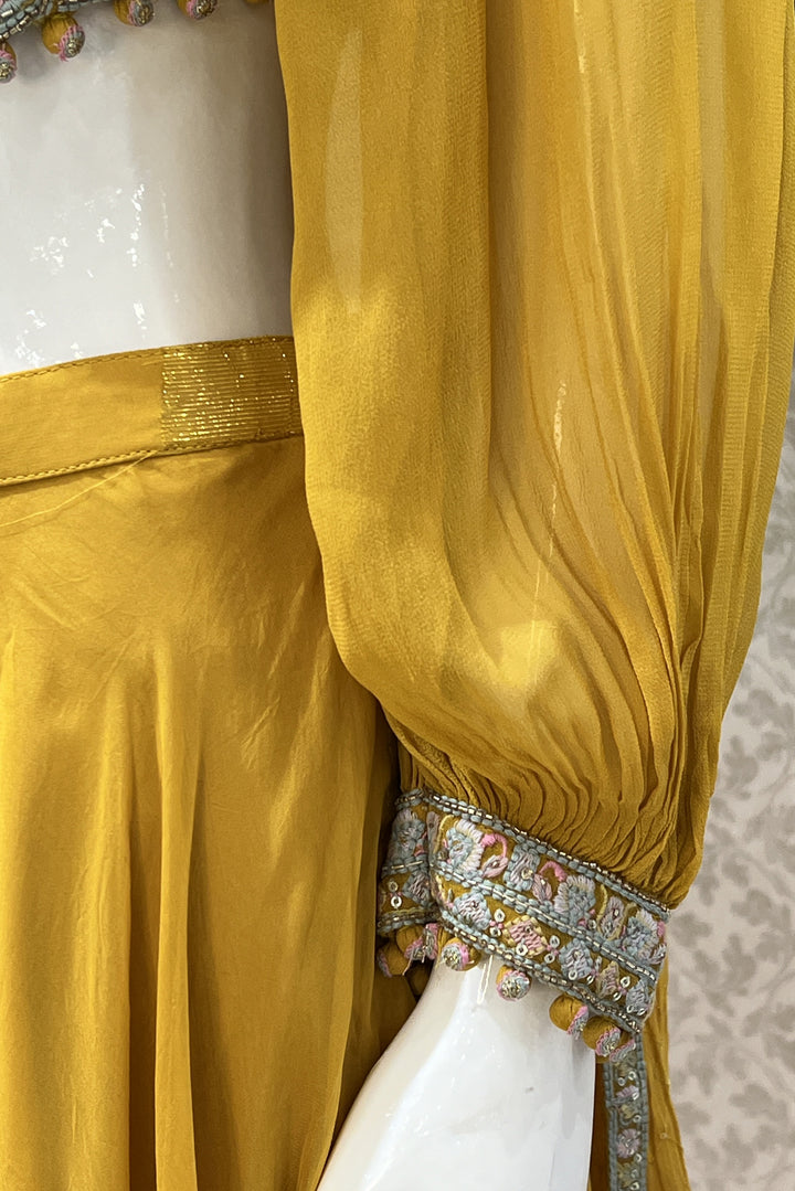 Mustard Multicolor Embroidery, Beads and Sequins work Crop Top with Palazzo Suit Set