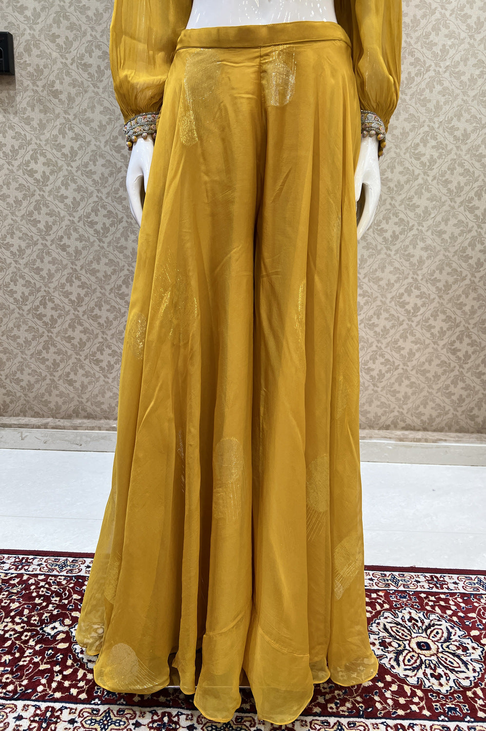 Mustard Multicolor Embroidery, Beads and Sequins work Crop Top with Palazzo Suit Set