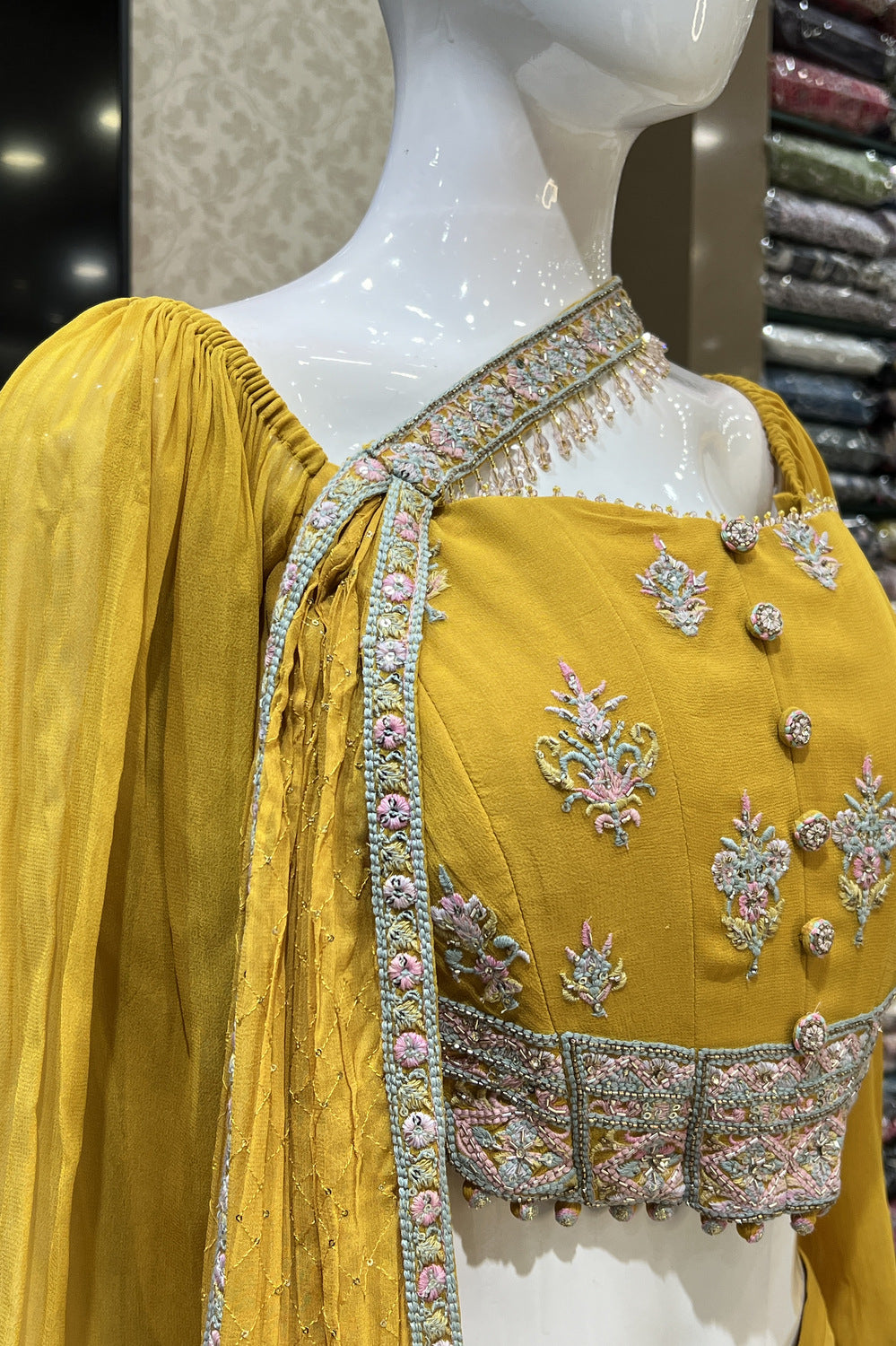 Mustard Multicolor Embroidery, Beads and Sequins work Crop Top with Palazzo Suit Set