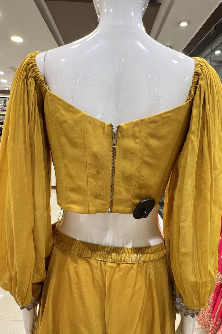 Mustard Multicolor Embroidery, Beads and Sequins work Crop Top with Palazzo Suit Set