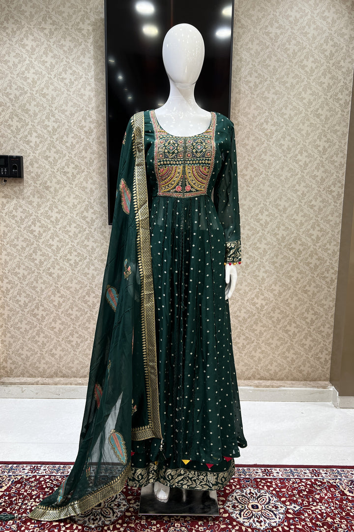 Bottle Green Mirror, Banaras, Sequins, Zari and Thread work Salwar Suit with Palazzo Pant