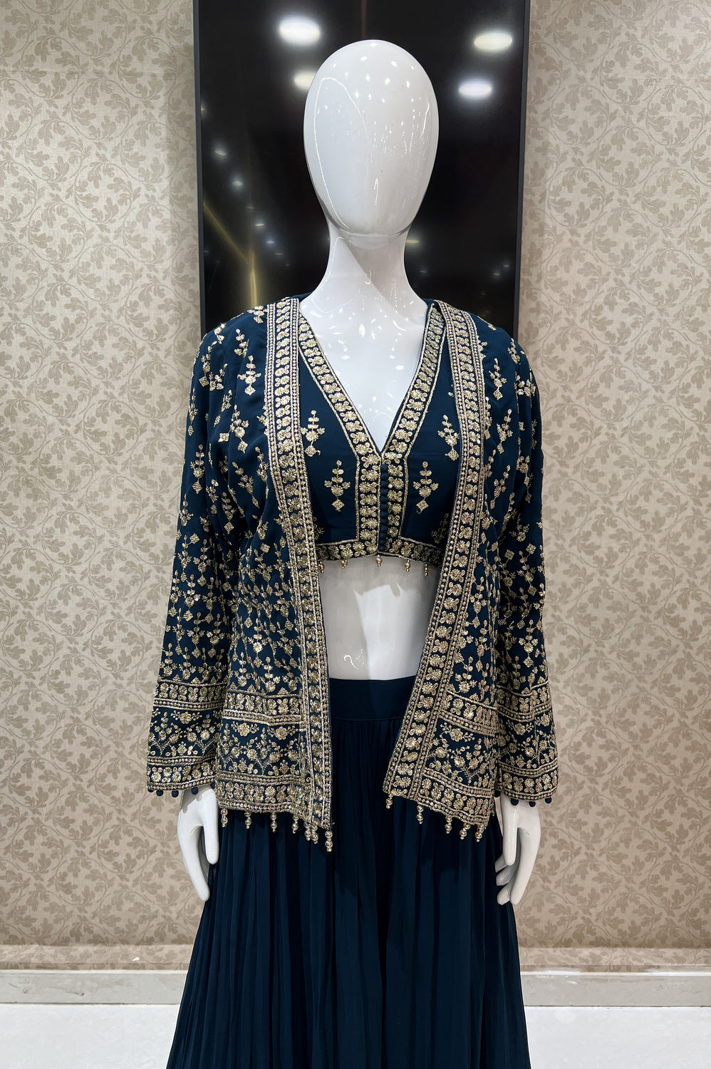 Peacock Blue Sequins and Zari work Overcoat Styled Crop Top Lehenga