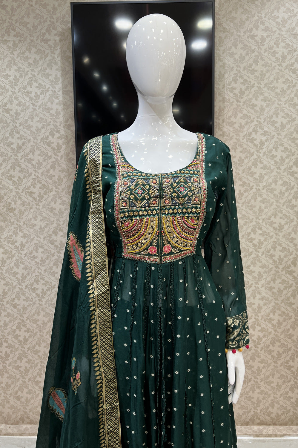 Bottle Green Mirror, Banaras, Sequins, Zari and Thread work Salwar Suit with Palazzo Pant