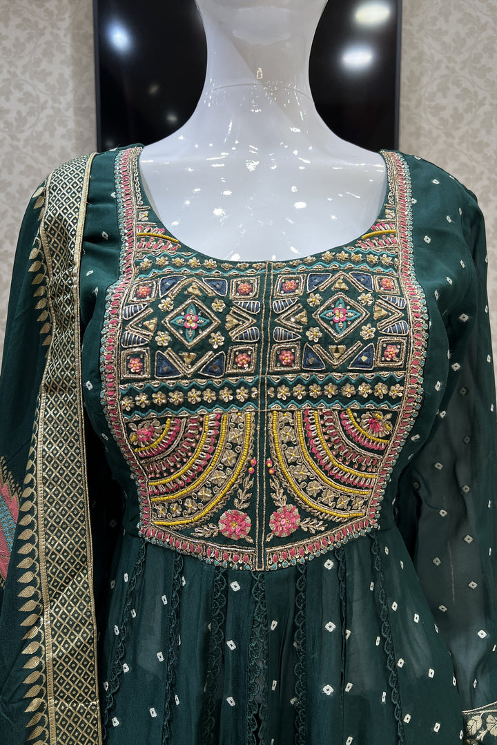 Bottle Green Mirror, Banaras, Sequins, Zari and Thread work Salwar Suit with Palazzo Pant